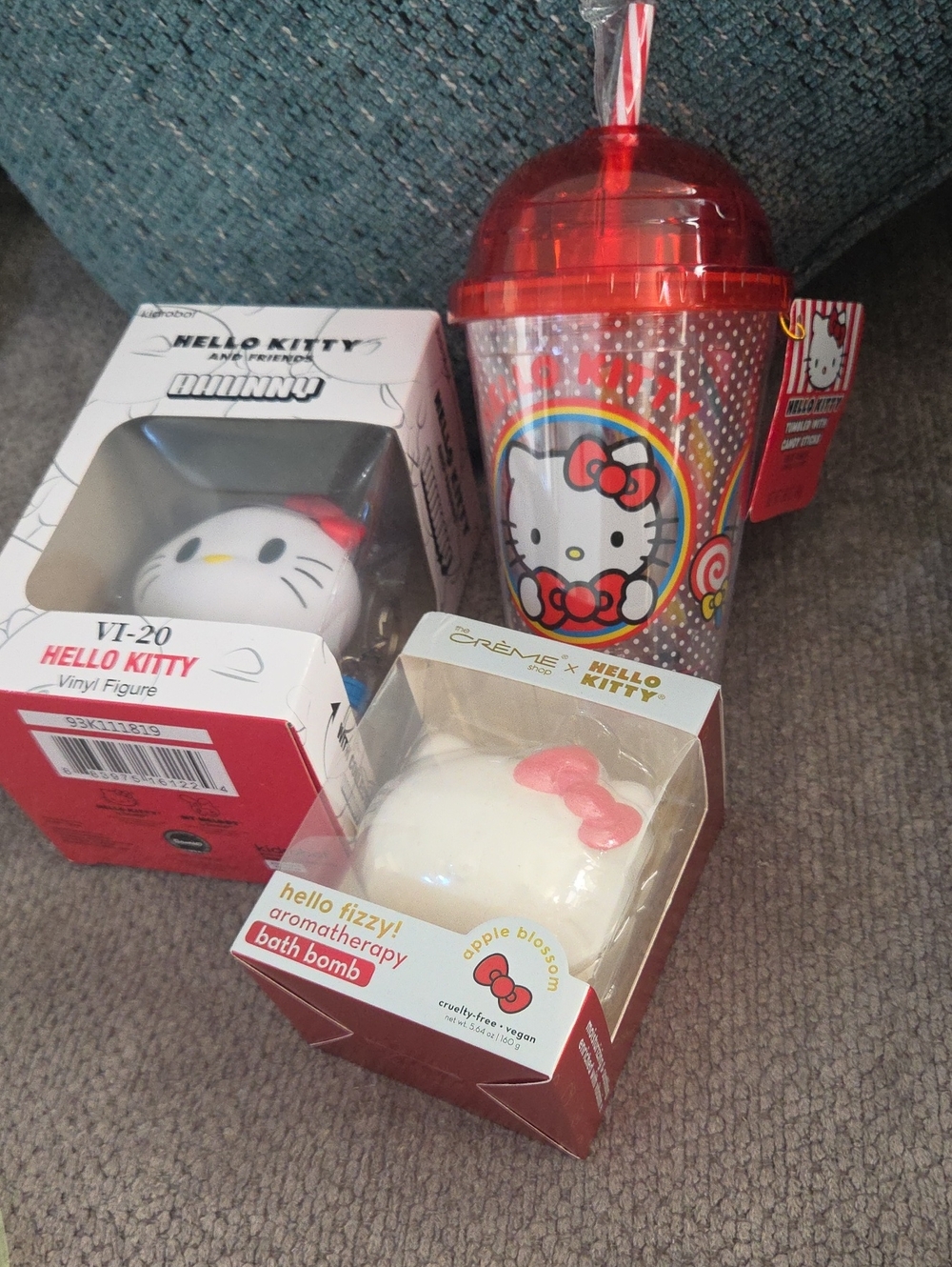 Hello Kitty Bundle Kidrobot Bhunny Figure, The Crème Shop Bath Bomb, Tumbler